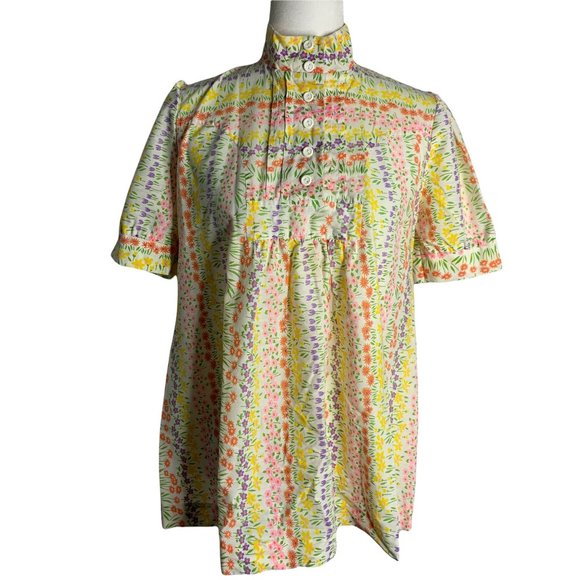 Vintage 70s Rainbow Floral Top S White Buttons Puff Sleeves High Neck - Picture 6 of 6